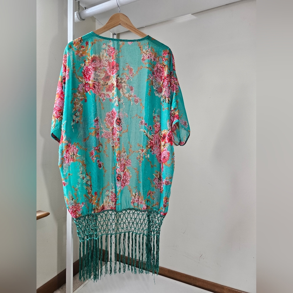 Turquoise, Floral + Fringe Kimono - Picture 5 of 6
